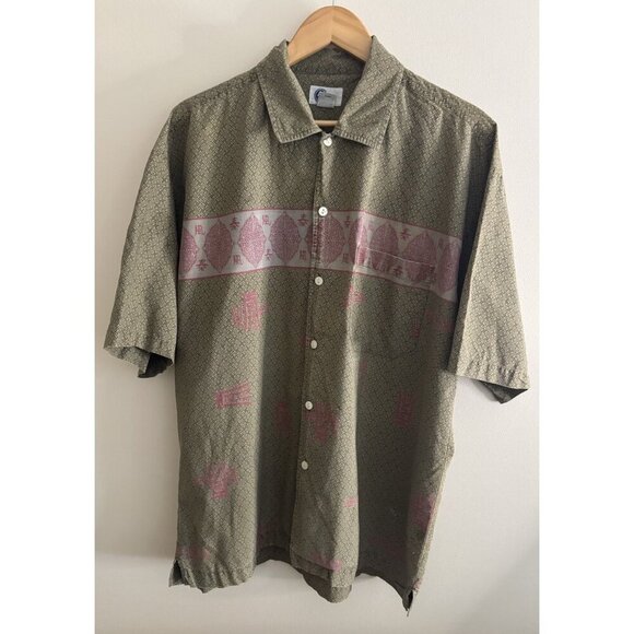Arizona Vintage Y2K Shirt Large Asian Geometric Short Sleeve Button Up Cotton - Picture 1 of 15